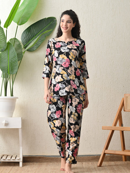 Ichaa Premium Rayon LoungeWear Set- Black