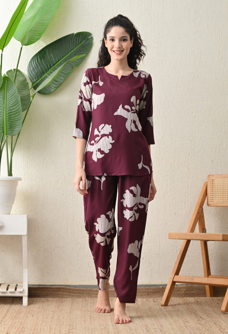 Ichaa Premium Rayon LoungeWear Set- Wine