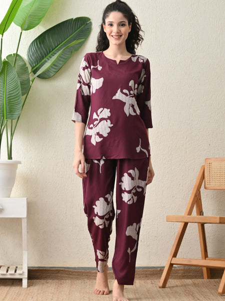 Ichaa Premium Rayon LoungeWear Set- Wine