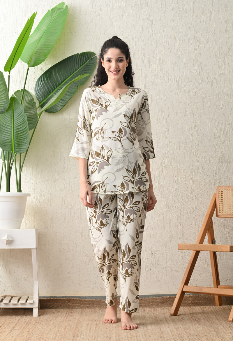 Ichaa Premium Rayon LoungeWear Set- Cream