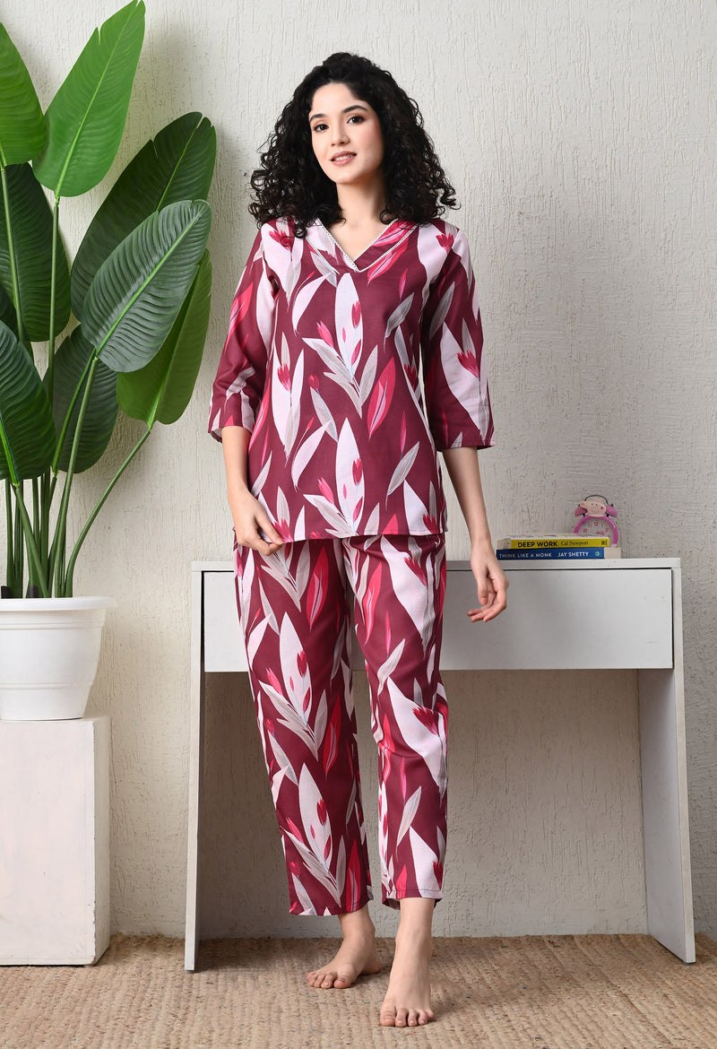 Ichaa Premium Rayon LoungeWear Set- Wine