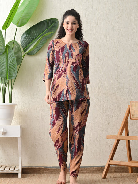 Ichaa Premium Rayon LoungeWear Set- Wine