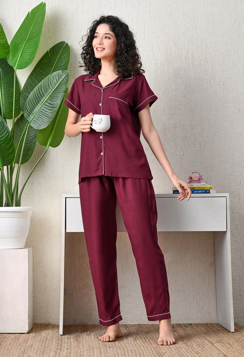 Ichaa Premium Rayon LoungeWear Set- Wine+