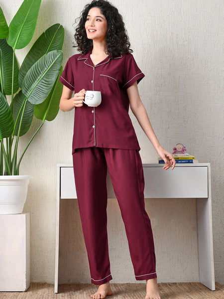Ichaa Premium Rayon LoungeWear Set- Wine+