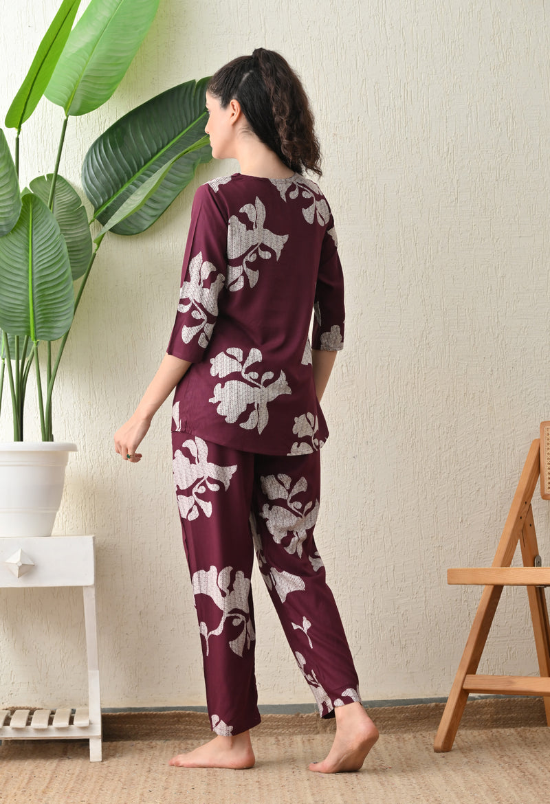 Ichaa Premium Rayon LoungeWear Set- Wine