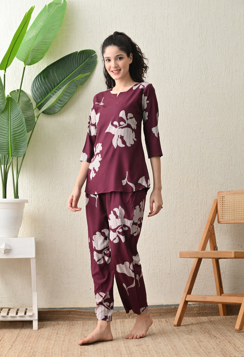 Ichaa Premium Rayon LoungeWear Set- Wine