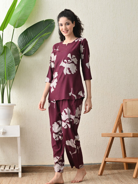 Ichaa Premium Rayon LoungeWear Set- Wine