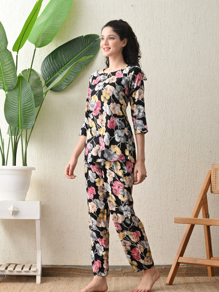 Ichaa Premium Rayon LoungeWear Set- Black