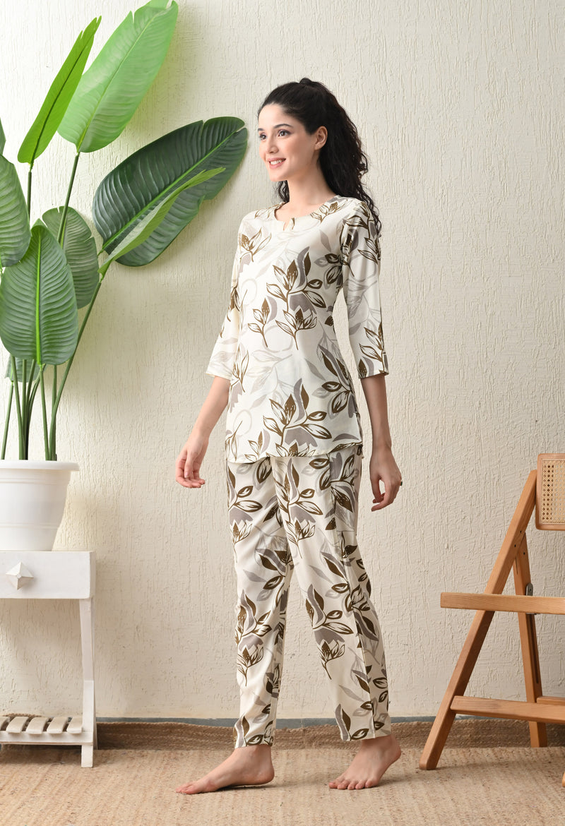 Ichaa Premium Rayon LoungeWear Set- Cream