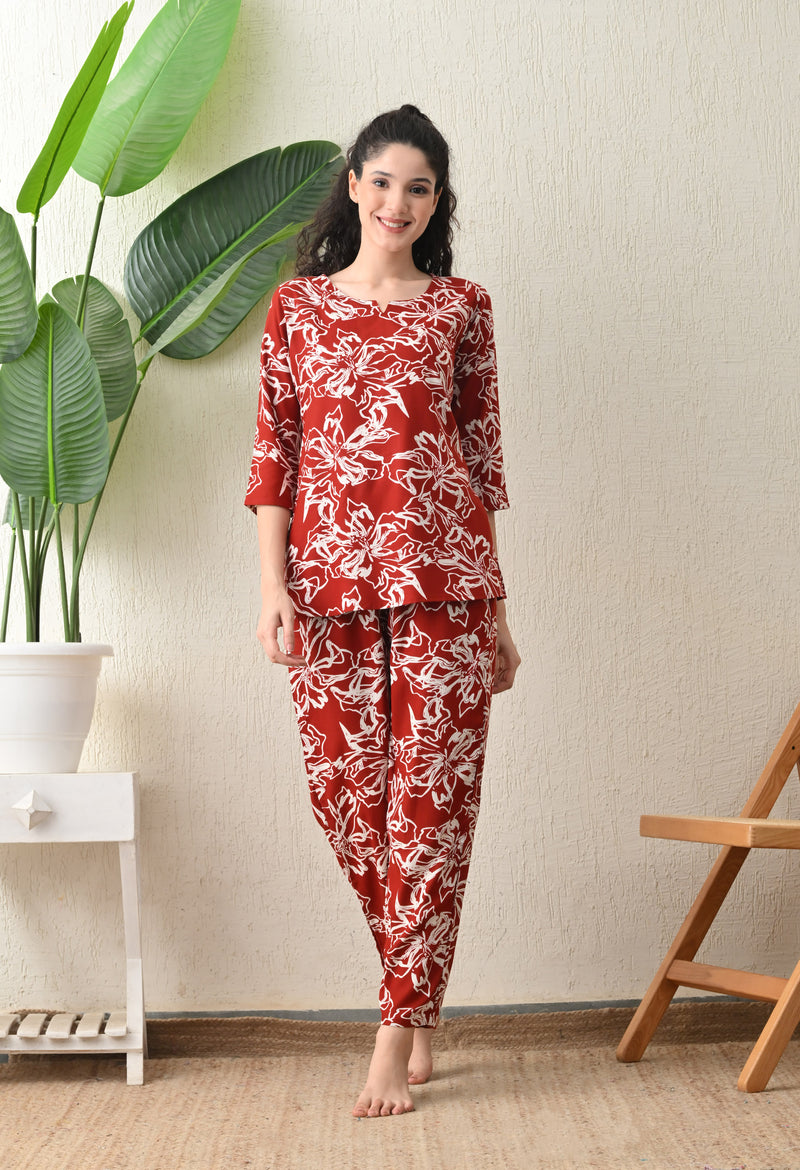 Ichaa Premium Rayon LoungeWear Set- Maroon