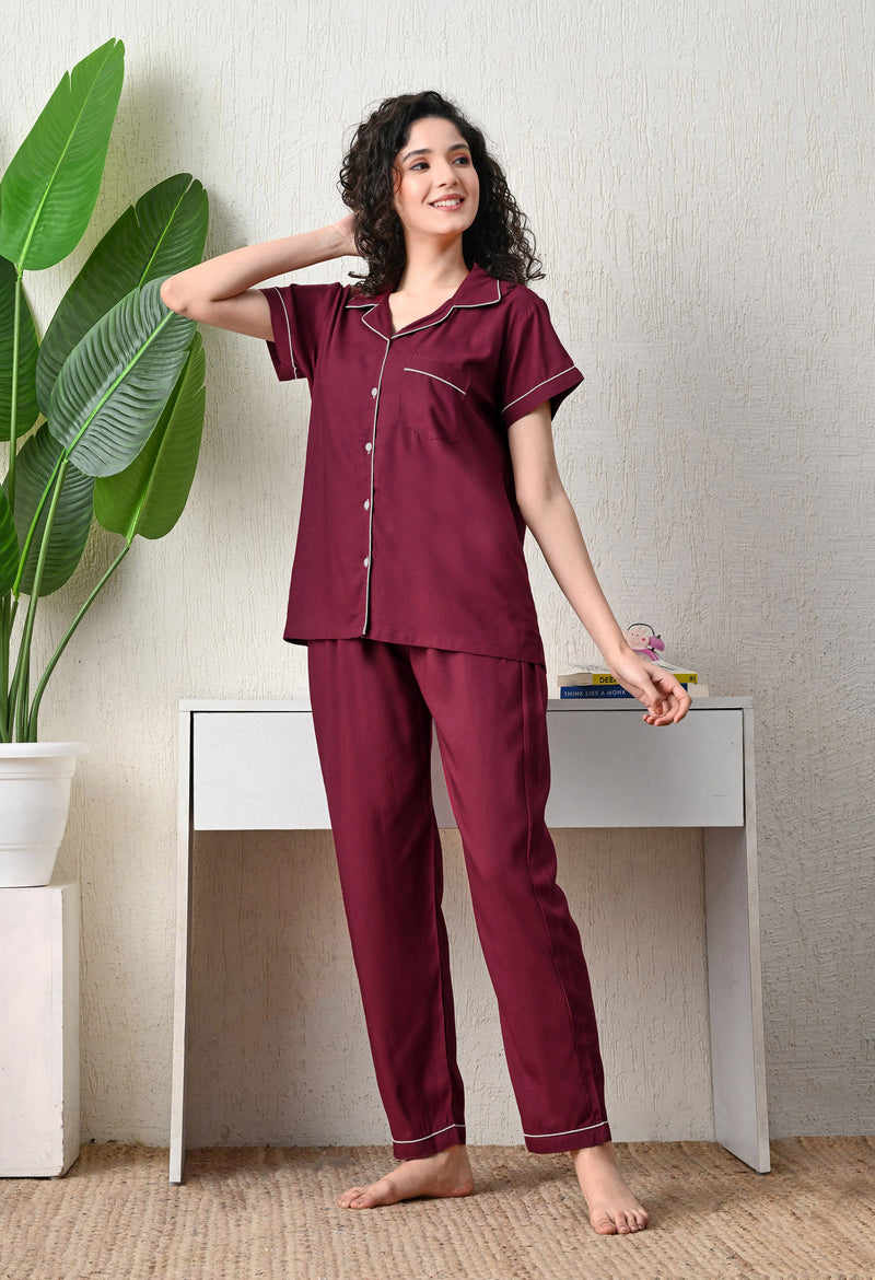 Ichaa Premium Rayon LoungeWear Set- Wine+
