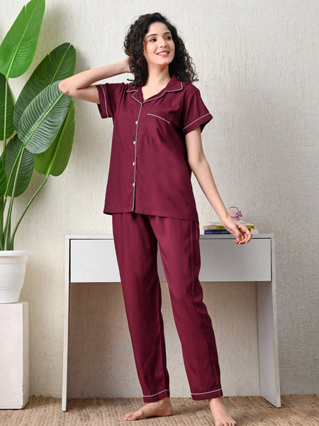 Ichaa Premium Rayon LoungeWear Set- Wine+
