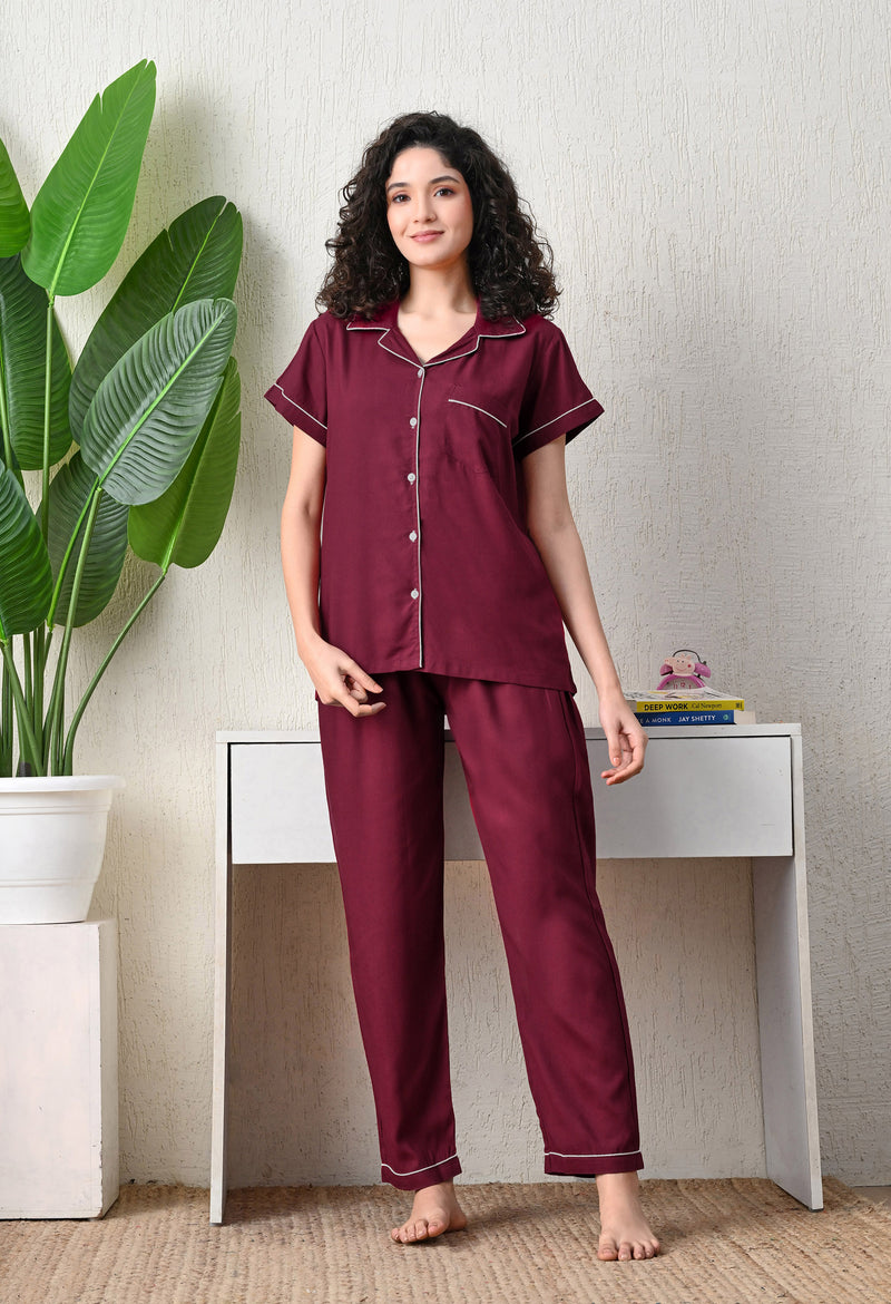 Ichaa Premium Rayon LoungeWear Set- Wine+