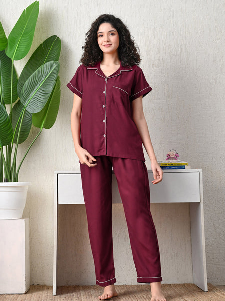 Ichaa Premium Rayon LoungeWear Set- Wine+