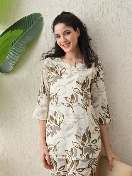 Ichaa Premium Rayon LoungeWear Set- Cream