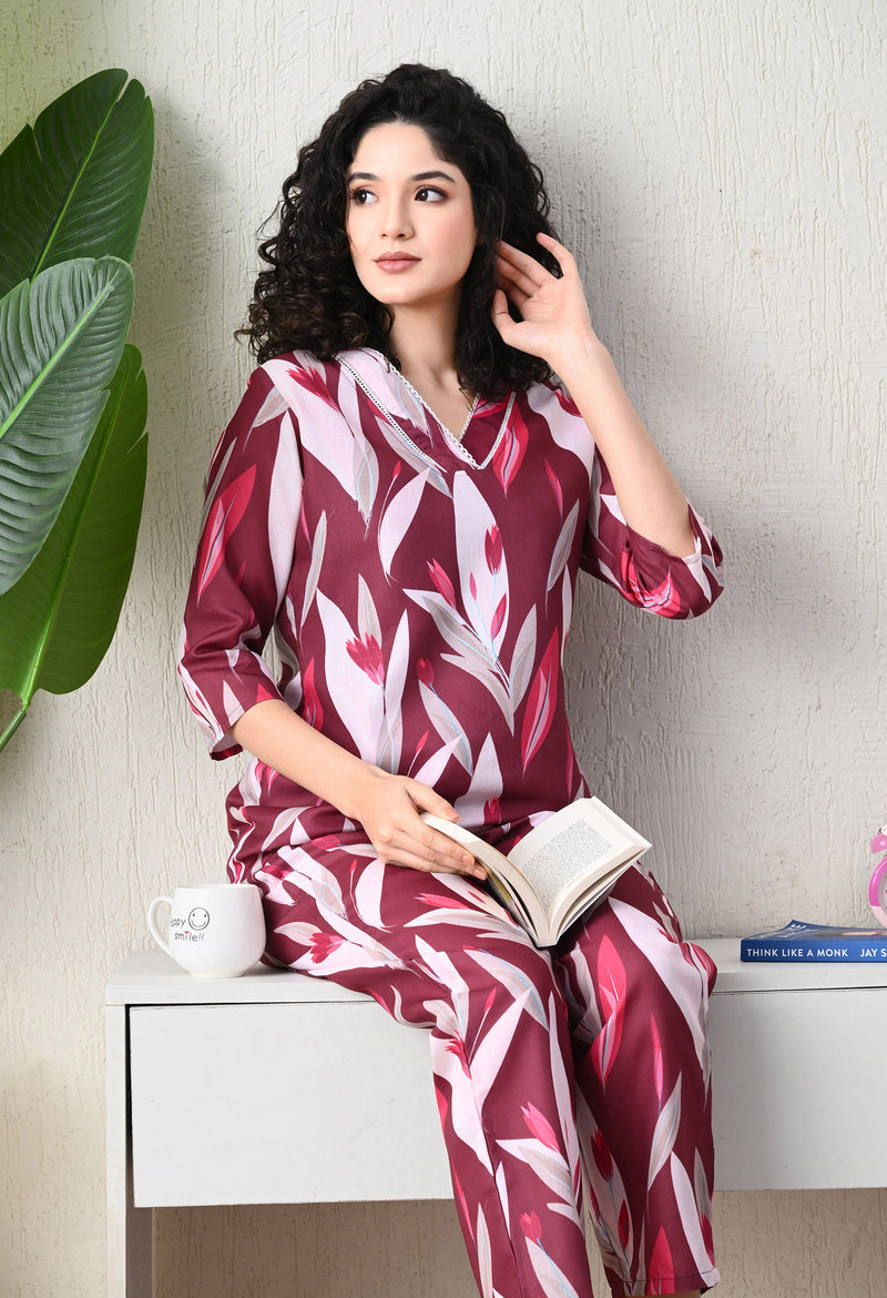 Ichaa Premium Rayon LoungeWear Set- Wine