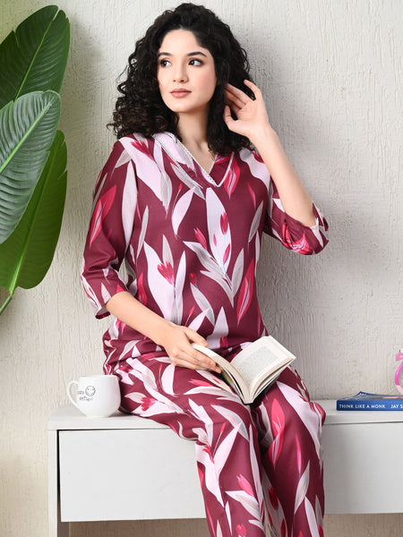 Ichaa Premium Rayon LoungeWear Set- Wine