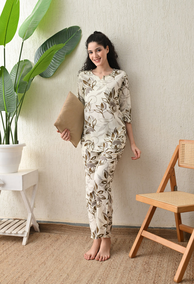 Ichaa Premium Rayon LoungeWear Set- Cream