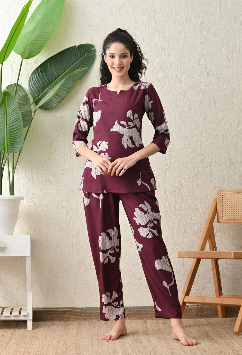 Ichaa Premium Rayon LoungeWear Set- Wine